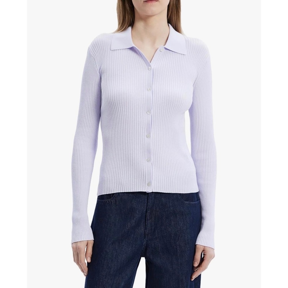 Theory Marl Rib Cardi Soft Iris White Bleecker Cotton Polo Cardigan M O0514703